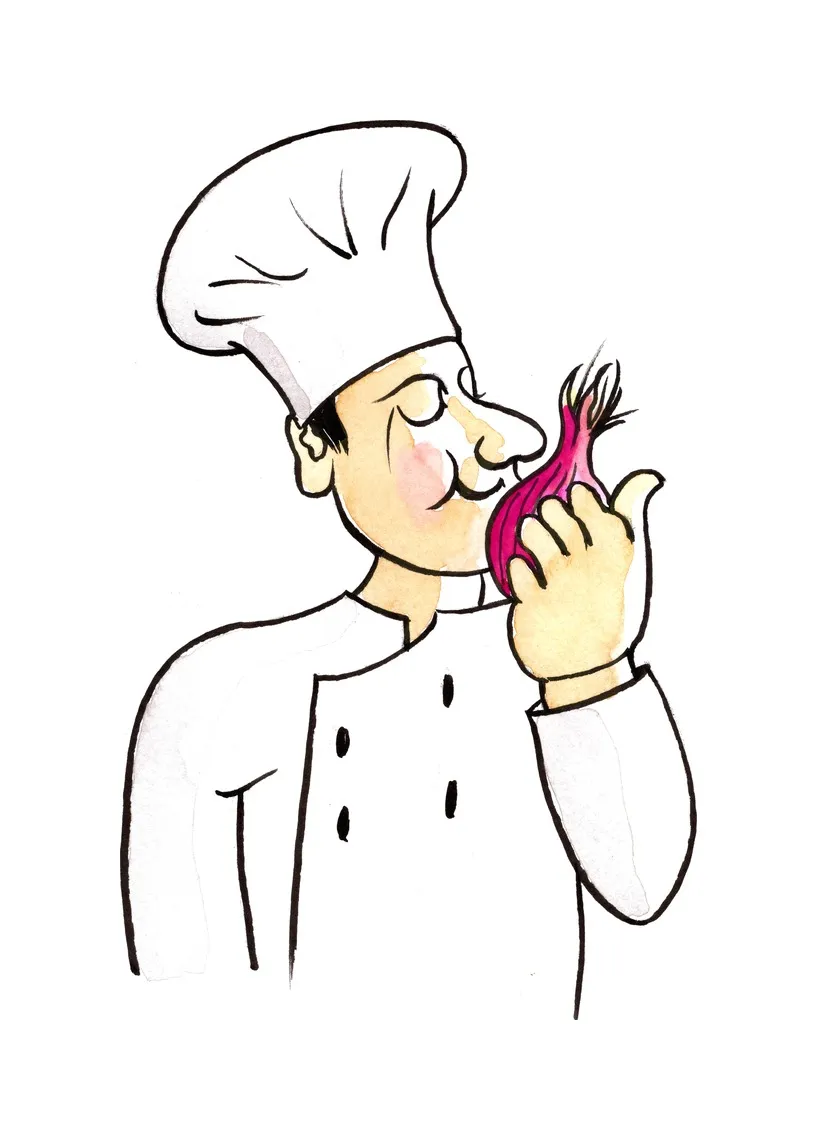 Front cover illustration: a chef contentedly smelling a red onion